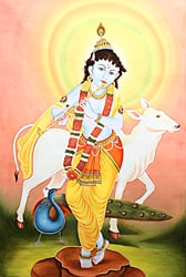 Murali Krishna with His Cow and Peacock