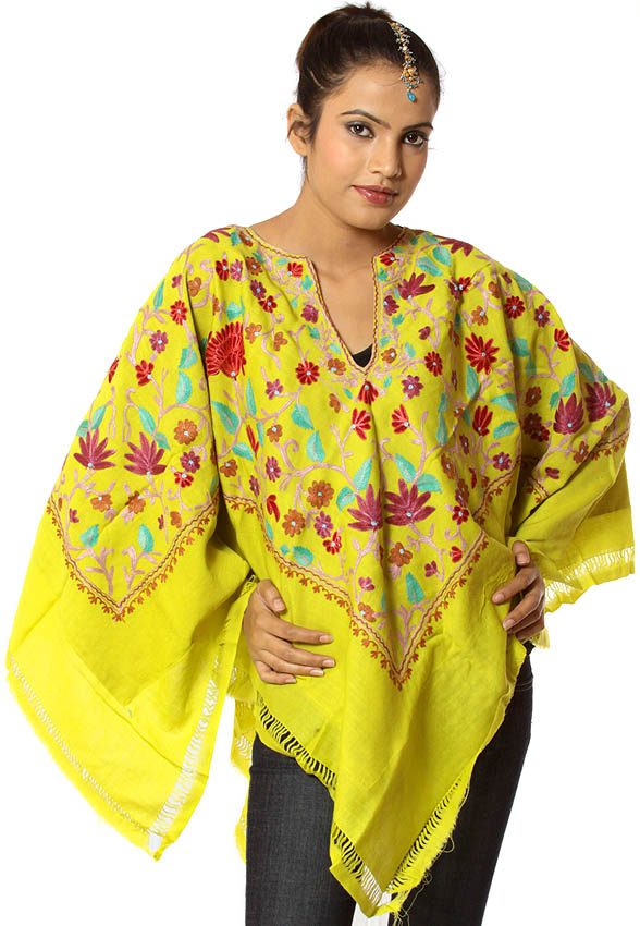 LimeGreen Poncho with Floral Embroidery AllOver
