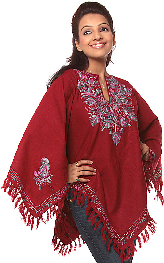 Maroon Poncho with Ari Embroidery on Neck Maroon Poncho with Ari Embroidery 