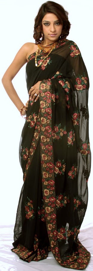 Black Wedding Sari with Parsi Embroidered Flowers AllOver How to wear a 