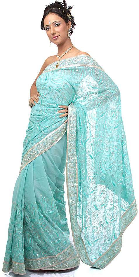 Aqua Wedding Sari with HandEmbroidered Iridescent Beads and Crystals