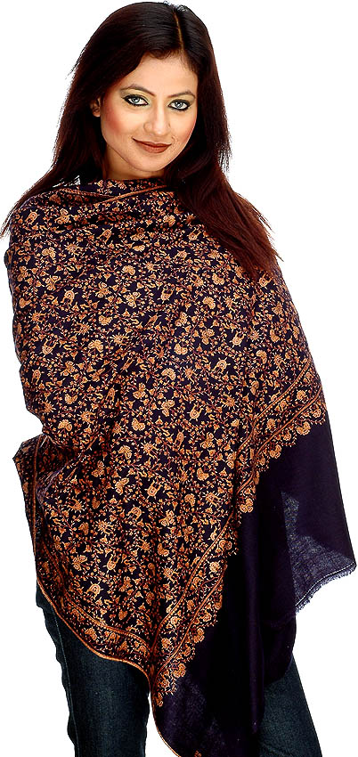 MidnightBlue Pure Pashmina Shawl with AllOver Dense Kashmiri Embroidery by 