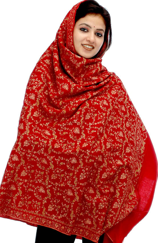 Red Pure Pashmina Shawl with AllOver Dense Kashmiri Embroidery by Hand