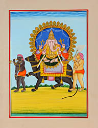Lord Ganesha Seated on His Vehicle Rat Attended by Shiva Ganas