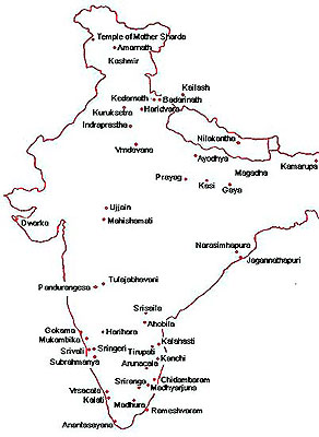 Places visited by Shankaracharya based on seven biographies