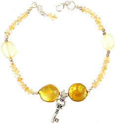 Gemstone Bracelet with Key Charm (Citrine, Pearl and Yellow Chalcedony)