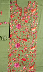 Vineyard-Green Suit from Kashmir with All-Over Floral Ari Embroidered Flowers by Hand