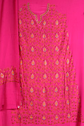 Fuchsia Kashmiri Salwar Suit with Intricate All-Over Sozni Embroidery by Hand