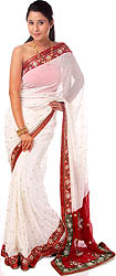 Ivory Designer Wedding Sari with Floral Embroidery by Hand