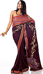 Plum-Perfect Wedding Sari with Floral Embroidery by Hand