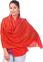 Scarlet Tusha Stole with All-Over Sozni Embroidery by Hand